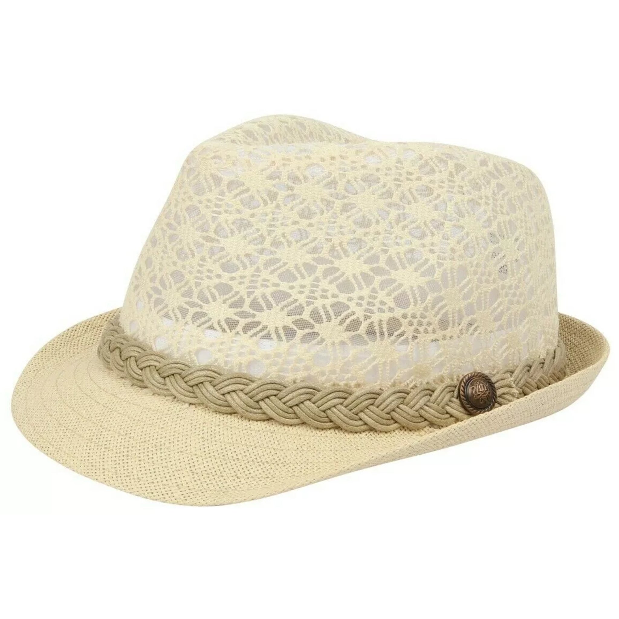 Ladies lace effect trilby sun hat in cream with woven braid band and button detail